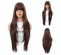 Iuscacey Parrucche nere parrucche sintetiche stratificate con frangia parrucca lunga di capelli lisci naturali per le donne Cosplay quotidiano fibra resistente al calore 34 llici,Marrone