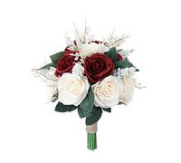 IVAYNE Bouquet da sposa per damigella d'onore, bouquet di fiori artificiali con rose rosse color vino, per sposa, chiesa, decorazione per la casa, regali (28 cm, rosso vino)