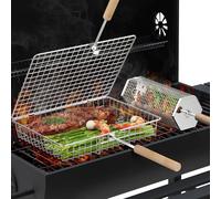 ivtivfu Set di Cestelli per Griglia, Manico in Legno Rimovibile, 304 | Accessori Barbecue per Verdure e Gamberi, Barbecue Carbonella da Campeggio, Regalo Uomo, Papà, Marito