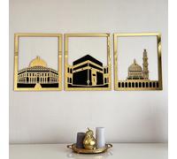 iwa concept Masjid Al Aqsa, Kaaba e Masjid An-Nabawi Islamica Wall Art, Decorazione da parete islamica in legno, regalo per musulmani al Ramadan Eid (grande, oro, tutti e tre)
