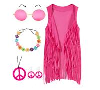 IWALUE Costume hippie bambina anni '60 e '70 hippie gilet con nappe e orecchini, fascia e occhiali, rosa, 12-14 anni