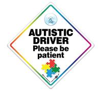 iwantthatsign.com Cartello per auto con scritta "Autistic Driver Please Be Patient", cartello di sensibilizzazione sull'autismo, 14 x 14 cm, colori vivaci, gomma, montaggio su finestra, promozionale