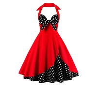 IWEMEK Abito da donna vintage anni '50, stile rockabilly, retrò, elegante, estivo, al ginocchio, lunghezza al ginocchio, sottoveste, abito da sera, abito da cocktail, gonna a pieghe rossa, a pois, #