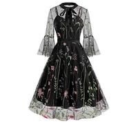 IWEMEK Abito vintage da donna, con scollo a fiocco, a forma di farfalla, con ricami floreali, in tulle, linea A, per feste, cocktail, serate, matrimoni, Fiori neri., M