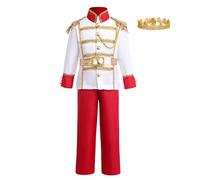 IWEMEK Costume da principe affascinante da ragazzo, costume da racconti per bambini, Royal Cenerentola, abbigliamento piccolo principe con corona re + scettro cappotto Cosplay Halloween Carnevale