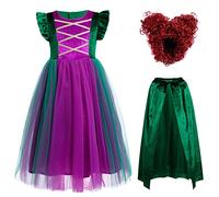 IWEMEK Costume Hocus Pocus da strega per bambini, vestito tutù per ragazza, con mantello e parrucca, elegante costume Halloween in tulle multilayer di Carnevale verde + parrucca 130