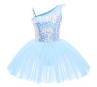 IWEMEK Tutu Tutu Abito da balletto senza maniche con volant una spalla Ginnastica Un pezzo per bambini Abbigliamento da ballo Gonna a canotta Pattinaggio Ballerina Performance Costume, Blu, 9-10 Anni