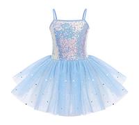 IWEMEK Vestito da Balletto Ragazza Bambino Tutu senza Maniche con Paillettes Body Balletto Danza Body Balletto Abbigliamento da Danza per la Ginnastica, blu, 8-9 Anni