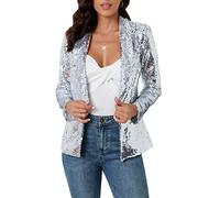 IWFEV Blazer da donna con paillettes, a maniche lunghe, aperto sul davanti, con collo a scialle, cardigan, Argento, 40