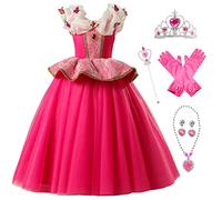 IWFREE Bambina Vestito da Principessa Aurora Ragazza Cosplay Bella Addormentata Tulle a Farfalla Ballerina Maxi Abito da Sera con Accessori per Halloween Carnevale Compleanno Festa Mascherata Costume