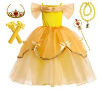 IWFREE Bambina Vestito da Principessa Bella Ragazza Cosplay La Bella e la Bestia Giallo Tulle Maxi Abito Sera con Manica e Collana di Rose per Halloween Carnevale Compleanno Festa Cerimonia Costume