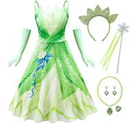 IWFREE Bambina Vestito da Principessa Tiana Ragazza Cosplay Principessa Rana Abito Maxi Ballerina Verde con Guanti e Accessori per Halloween Carnevale Compleanno Festa Mascherata Costume