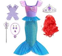 IWFREE Costume da Sirena con Parrucche Bambina Cosplay Sirenetta Principessa Ariel Scintillante Coda di Pesce Vestito da Principessa e Accessori Fancy Dress Halloween Natale Carnevale Festa Abito