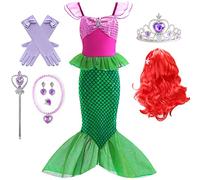 IWFREE Costume da Sirenetta Ragazze Gonna da Principessa Ariel con Parrucche Accessori per Bambina Halloween Natale Vestito Principessa Cosplay Carnevale Festa Abito
