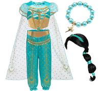 IWFREE Principessa Jasmine Costume e Braccialetto Parrucca per Ragazza Cosplay Halloween Carnevale Compleanno Festa Mascherata Top Corto e Pantaloni Aladino Danza del Ventre Set Bambino 3-9 Anni