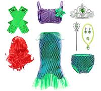 IWFREE Sirena Costume 3 Pezzi Bambina Cosplay La Sirenetta Principessa Ariel Top Gonna Slip Festival Abito da Principessa e Accessori Halloween Natale Compleanno Carnevale Abiti da Festa per Ragazze