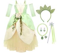 IWFREE Vestito da Principessa Tiana Ragazza Cosplay Rana Principessa Petali Maxi Abiti da Sera e Accessori per Bambina Halloween Carnevale Dress up Compleanno Festa Regali Verde 2-11 Anni