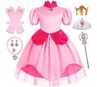IWFREE Vestito Principessa Peach con Corona Ragazze Carnevale Festa Abito Rosa Abito da Principessa per Bambina Cosplay Halloween Natale Tema del Compleanno Abiti da Sera