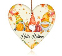 iwiio Hello Autumn Decorations - Targa in legno da appendere a forma di cuore con stampa con foglie autunnali, zucca, segno autunnale, accessori per il Ringraziamento e l'autunno