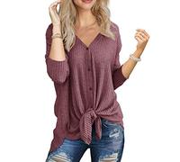 IWOLLENCE Camicetta da donna a nido d'ape a maniche lunghe con nodo e scollo a V, casual, con ali di pipistrello, 05 Rosso Ruggine, XL