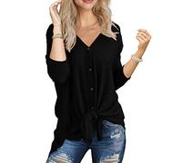 IWOLLENCE Camicia da donna a nido d'ape in maglia a tunica nodo cravatta camicetta a maniche lunghe con scollo a V Casual allentato pipistrello, 01 Nero, L