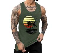 IWOLLENCE Gilet da uomo in cotone estivo con stampa hawaiana girocollo da spiaggia da uomo gilet casual senza maniche maglietta da uomo, Palme verdi al tramonto 2, L