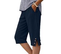 IWOLLENCE Pantaloncini al ginocchio da donna con tasche culottes estivi pantaloni Capri per il Regno Unito orlo diviso bottoni decorativi in legno leggeri e traspiranti elastico in vita, blu navy, M