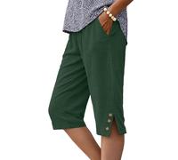 IWOLLENCE Pantaloncini al ginocchio da donna con tasche culottes estivi pantaloni Capri per il Regno Unito orlo diviso bottoni decorativi in legno leggeri e traspiranti elastico in vita