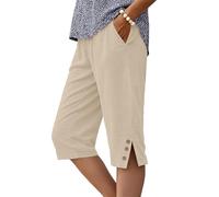 IWOLLENCE Pantaloncini al ginocchio da donna con tasche culottes estivi pantaloni Capri per il Regno Unito orlo diviso bottoni decorativi in legno leggeri e traspiranti elastico in vita, Albicocca, M