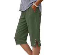 IWOLLENCE - Pantaloncini da donna a lunghezza ginocchio con tasche, culottes estivi, pantaloni capri con orlo diviso per UK, bottoni decorativi in legno, elastico in vita leggero e traspirante, Verde