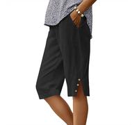 IWOLLENCE - Pantaloncini da donna a lunghezza ginocchio con tasche, culottes estivi, pantaloni capri con orlo diviso per UK, bottoni decorativi in legno, elastico in vita leggero e traspirante, Nero