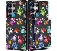 IWONE Custodia carina con porta carte per S24 Ultra/Slim Custodia a portafoglio da donna compatibile con Samsung Galaxy S24 Ultra/Colorful Doodle Paws Dog Craws Footprints Animal Watercolor