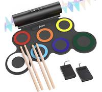 IWORD Set di batteria elettronica, pad per esercitarsi con batteria arrotolabile, con jack per cuffie, altoparlante integrato, pedali, bacchette, 10 ore di autonomia, ottimo regalo di compleanno per