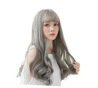 IWOWHERO Parrucca Lunga da Donna Grandi Onde Ricce 60 CM Grigia Parrucca Ventilata Realistica Frangia Smussata Accessorio per Feste Cosplay e Uso Quotidiano