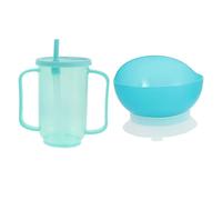 IWOWHERO Set da 2 Tazze Antiperdita con Beccuccio e Ciotola Antiscivolo con Coperchio per Anziani e Pazienti Allettati Stoviglie Ausiliarie per Alimentazione Assistita con Doppi Manici