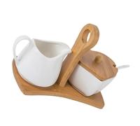 IWOWHERO Set Zuccheriera e Lattiera in Ceramica Bianca con Cucchiaio e Vassoio in Bamboo Contenitore per Conservazione Panna e Zucchero per Uso Domestico Decorazione Cucina Semplice e