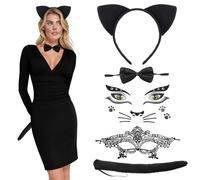 IWTBNOA Costume da gatto da donna, con orecchie di gatto, set da 5 pezzi, costume da gatto con coda di gatto, papillon, maschera, adesivi, cosplay, set di animali, costume da gattino da donna per
