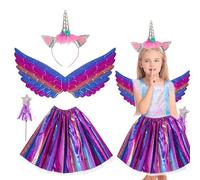 IWTBNOA Set da 4 pezzi costume da principessa unicorno per bambini, con unicorno, con bacchetta magica arcobaleno tutù gonna, costume unicorno per carnevale, giochi di ruolo, compleanno per bambini