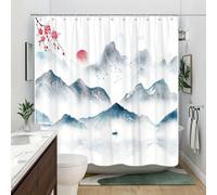 IXEHOH Tenda da doccia con paesaggio montano cinese tranquillo e acquerello,Tende da doccia con paesaggi naturali sereni per il bagno,in poliestere,include 12 ganci/165x180 cm