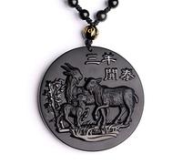 IXMLDAXD collana in ossidiana nera, Collana con tre pecore di ossidiana nera naturale, ciondolo con gioielli in giada, gioielleria raffinata, tre pecore portano felicità