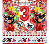IXOKEV Set Bing Compleanno 3 Anni, Bunny Decorazione per Feste, Stoviglie per Feste di Compleanno, Bing Palloncini, Piatti C-ompleanno,C-ompleanno Stoviglie da Tavola Piatti Tovaglioli