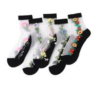 IYOU Calzini di Pizzo Vintage Donna Calze Nere Fiori Polpaccio Calze Trasparenti in Seta a Rete Vedere Attraverso per Donne e Ragazze (5 Paia)