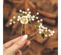 IYOU Fiore Matrimonio Forcine per Capelli Perla Oro Sposa Pezzo Capelli Foglia Nuziale Damigella Accessori per Capelli per Donne e Ragazze (Confezione da 2)