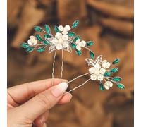 IYOU Fiore Matrimonio Forcine per Capelli Verde Cristallo Nuziale Pezzo Capelli Foglie Prom Damigella D'onore Accessori per capelli per Donne e Ragazze (Confezione da 2)