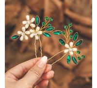 IYOU Sposa Matrimonio Forcine per Capelli Verde Cristallo Pezzi per Capelli Perla Spose Damigella D'onore Accessori per capelli per Donne (Confezione da 2)
