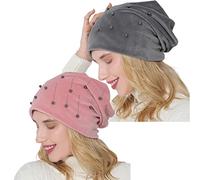 IYOU Velluto Slouchy Berretto Cappello Perla Strass Cranio Cap Caldo Gonfio Inverno Cappelli per Donne e Ragazze (Confezione da 2)