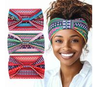 IYOU Vintage Etnica Fascia Capelli Larga per Donna Accessorio Capelli Boho Chic Motivi Floreali Rosso Fasce Elastica Cotone Confortevole (Confezione da 3)