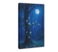 IYTAFGYT Poster su tela con luna piena tra gli alberi, incantevole foresta misteriosa di mezzanotte, decorazione per camera da letto, idea regalo, 20 x 30 cm