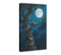 IYTAFGYT Poster su tela con luna piena tra gli alberi, incantevole foresta misteriosa di mezzanotte, decorazione per camera da letto, paesaggio decorativo, idea regalo, 60 x 90 cm
