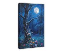 IYTAFGYT Poster su tela con luna piena tra gli alberi, incantevole foresta misteriosa di mezzanotte, decorazione per camera da letto, paesaggio decorativo, regalo, 30 x 45 cm